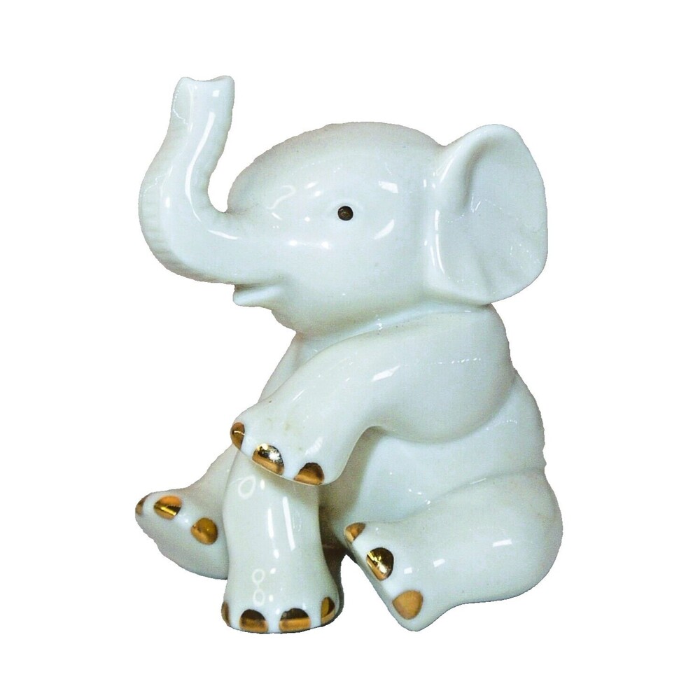 Lenox Small Ivory Porcelain Elephant Sitting Trunk Up Gold Trim Figurine Lucky